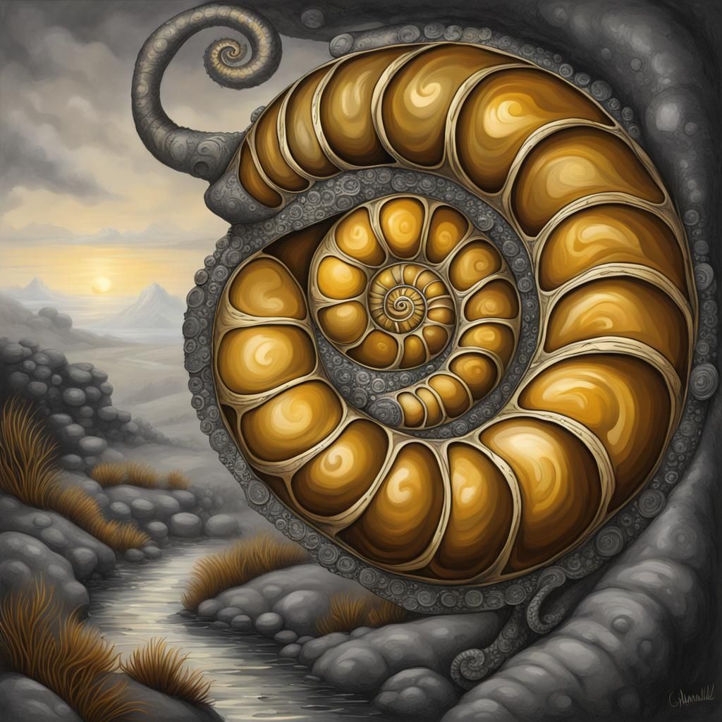 Golden Ammonite Fossil Against Grayscale Backdrop