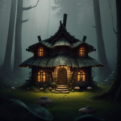 Mushroom House Village in Forest: Detailed Matte Painting