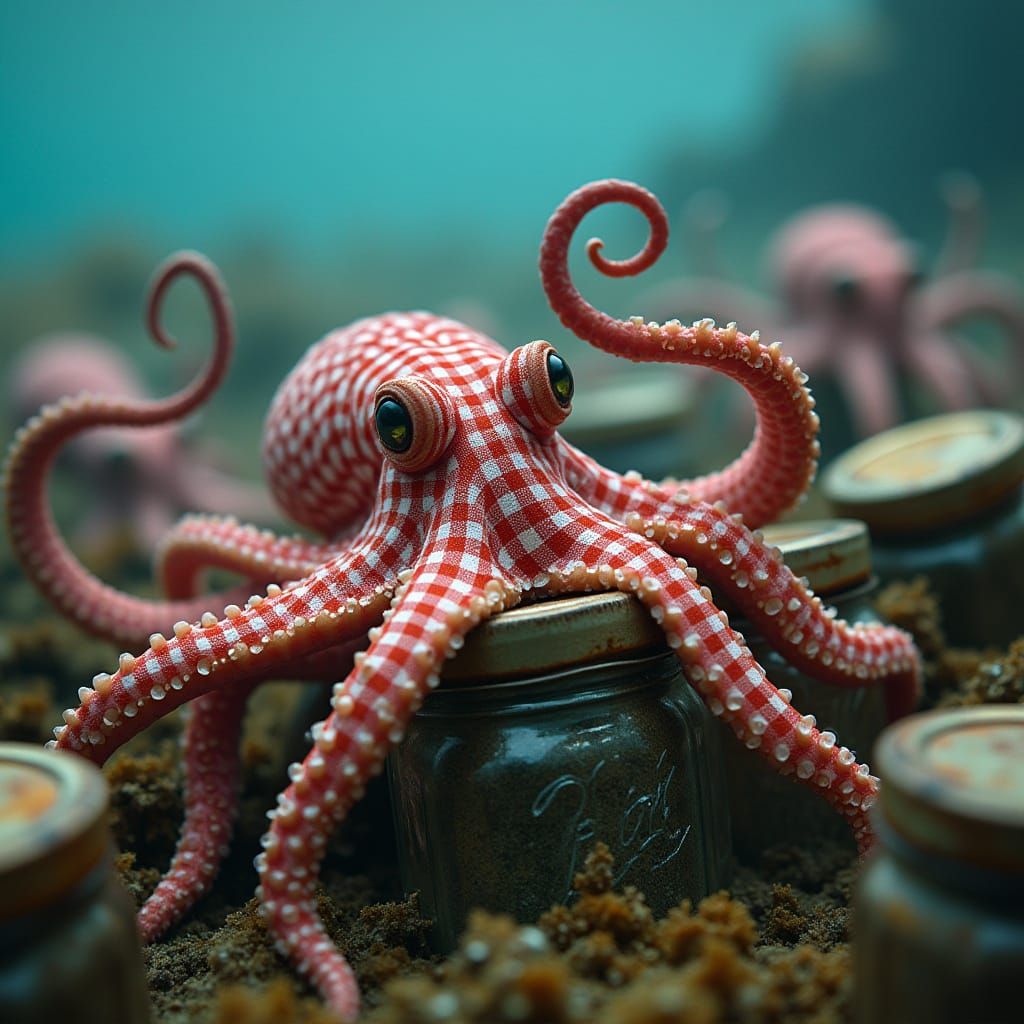 Octopi Uncover Hidden Treasure in Vibrant Gingham Paradise