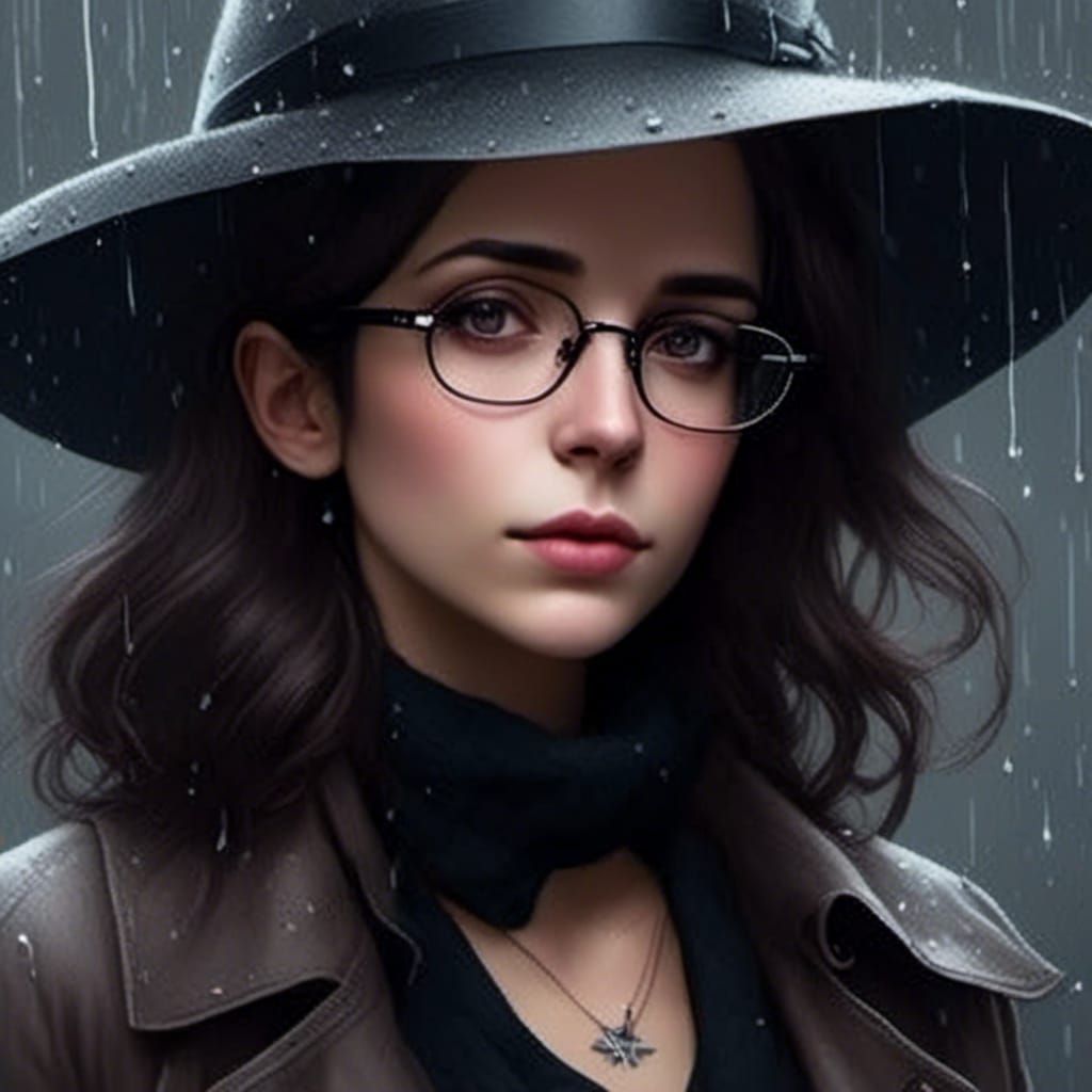 Rainy Portrait of Woman with Fedora in Hyperrealism
