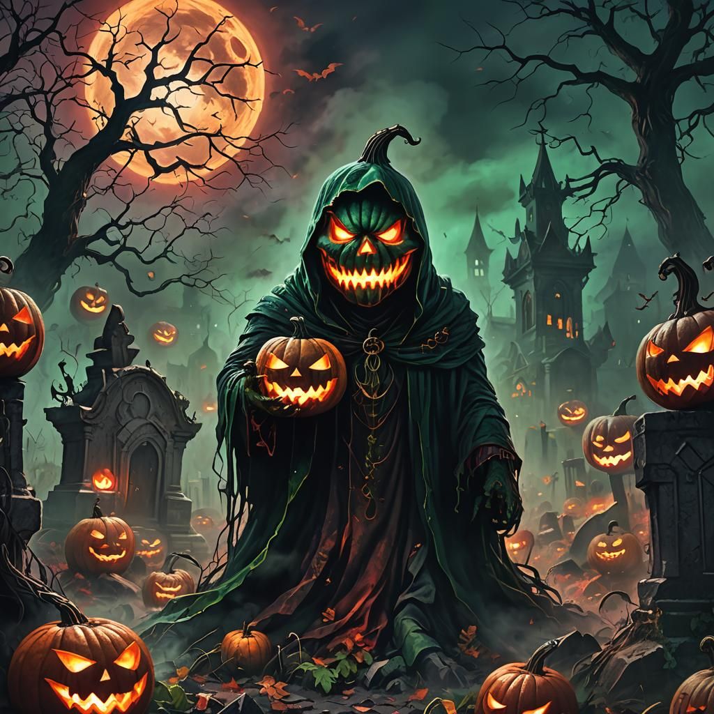 Spooky Pumpkin Screaming in Graveyard: Dark Fantasy Art