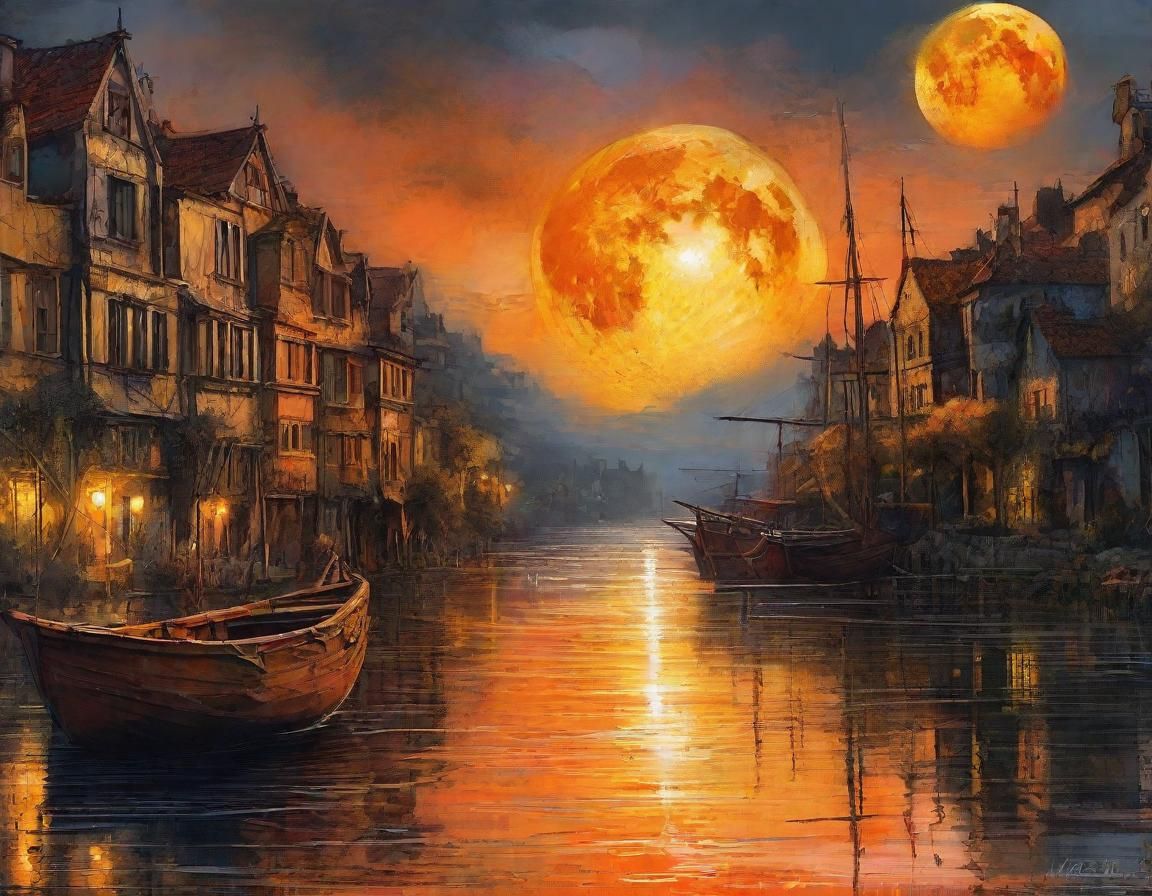 Moonlit River Village in Digital Art Style