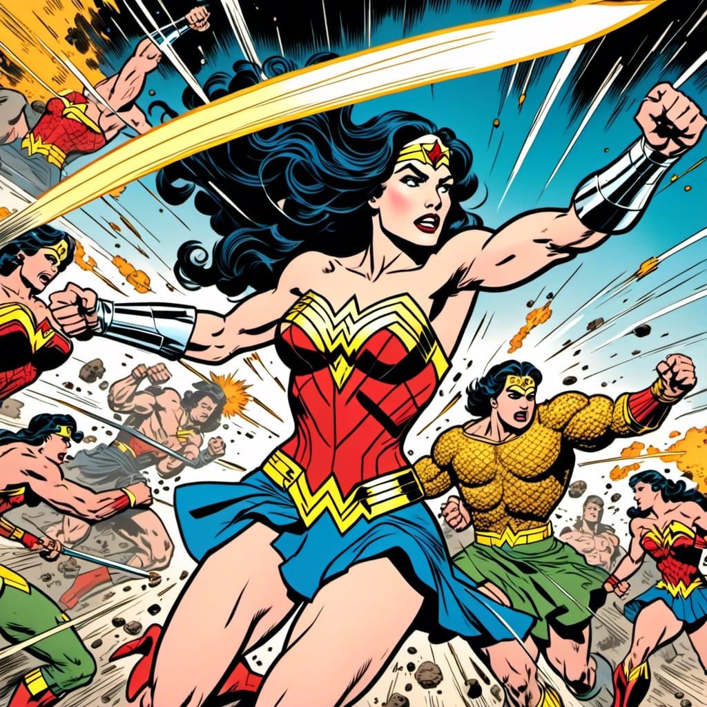 Wonder Woman Fighting: Dynamic Comic Book Panel