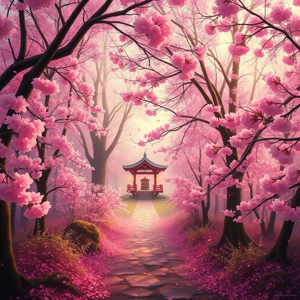 Idyllic Cherry Blossom Forest in Whimsical Hyper-Realism