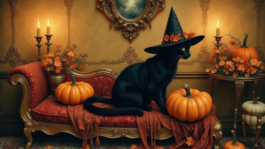 Pre-Raphaelite Black Cat in Witches Hat