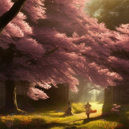 Cottagecore Shire in Sakura Forest, Digital Art