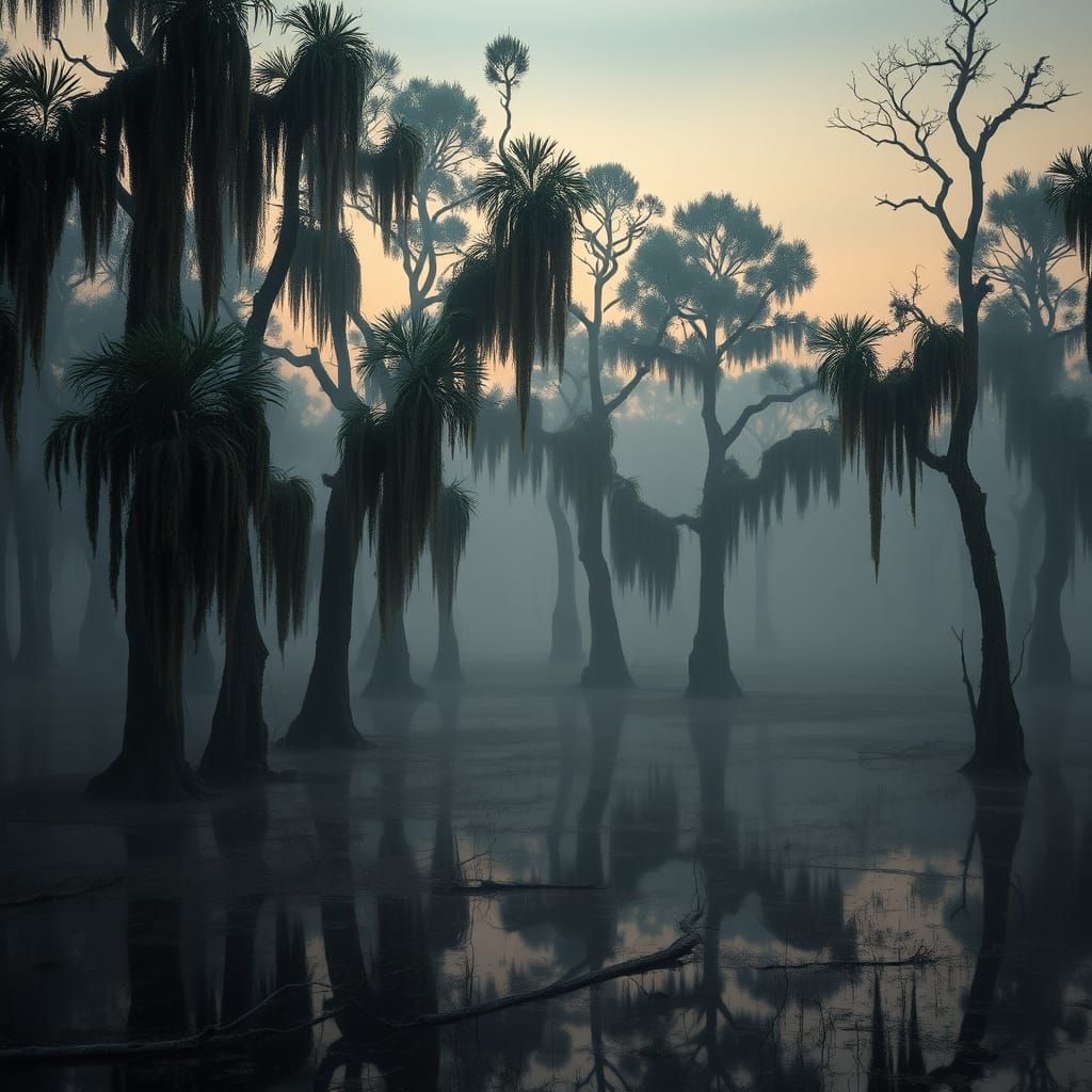Golden Cypress Trees in a Misty Swamp
