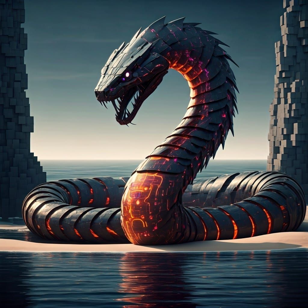 Cyberpunk Serpent Rises from the Digital Depths