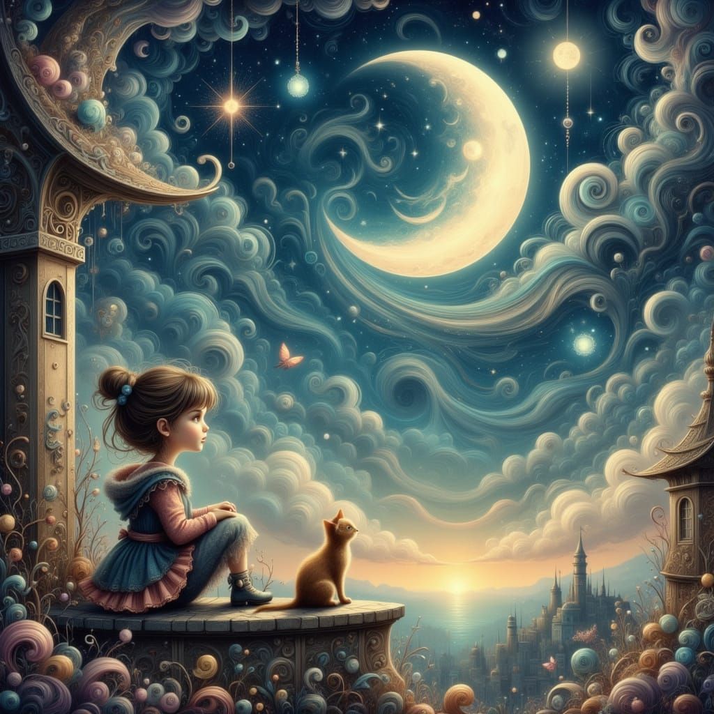 Child and Cat Gaze at Moon in Whimsical Starry Sky