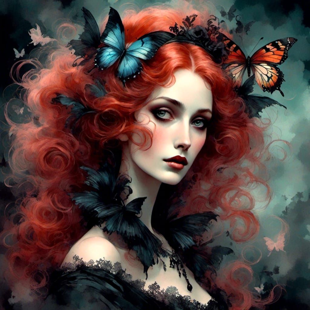 Gothic Butterfly Burlesque in Victorian Watercolor Style