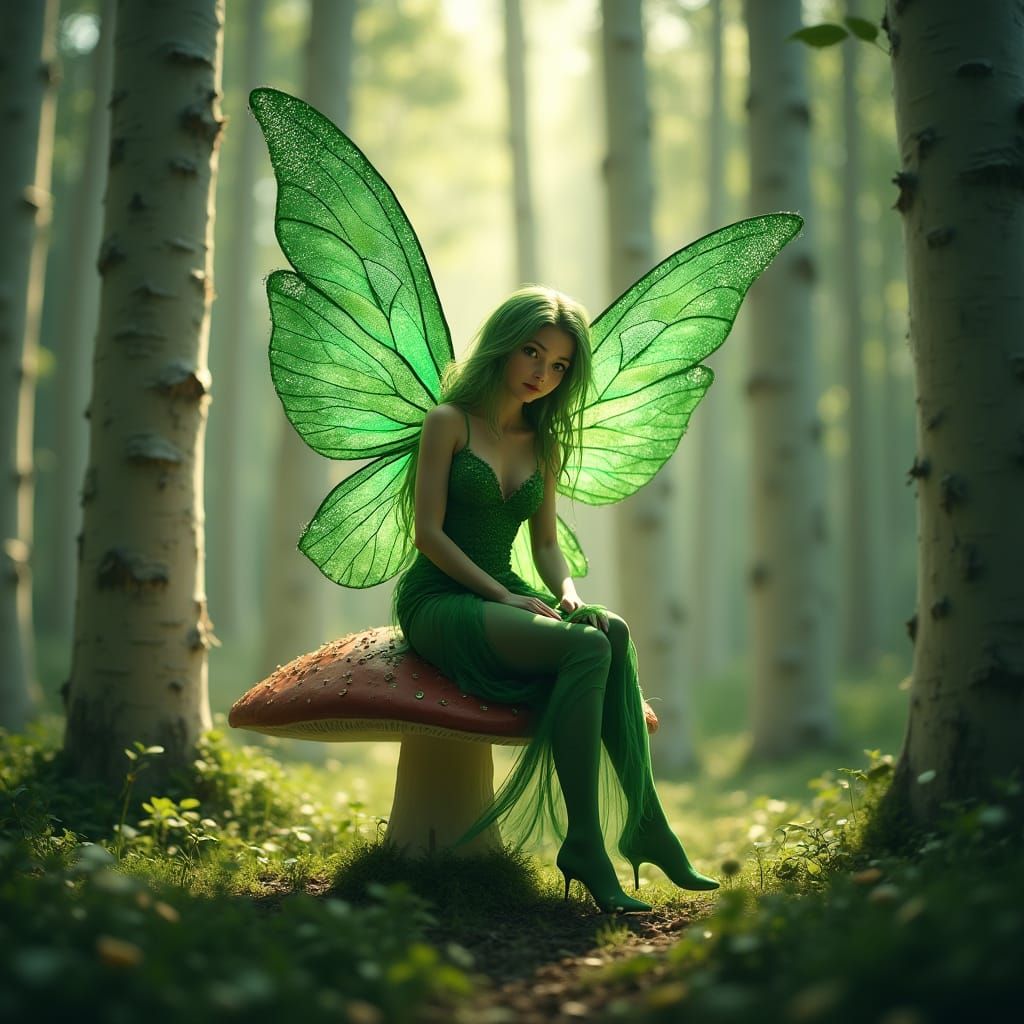 Emerald Fairy with Diamond Wings on Toadstool