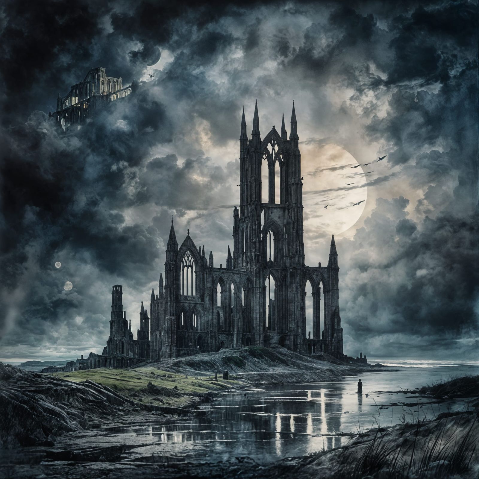 Whitby Abbey Under Stormy Moon in Gothic Style