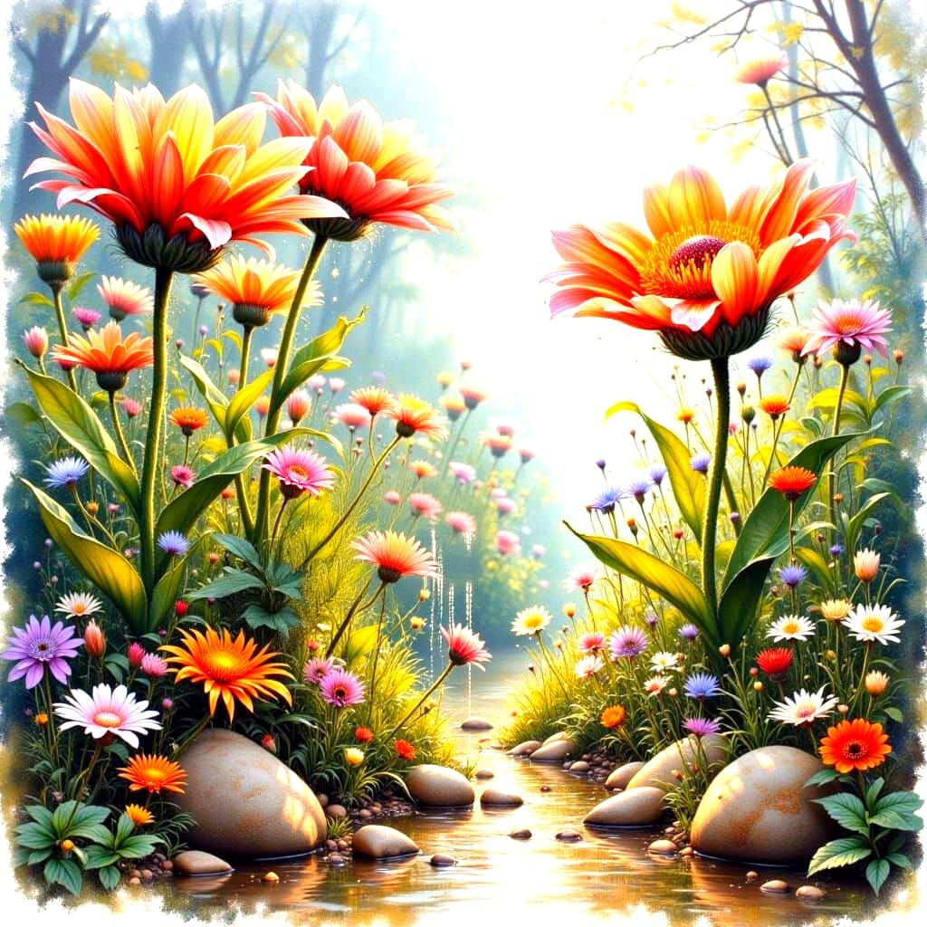 Whimsical Watercolor Garden with Fantastical Flowers