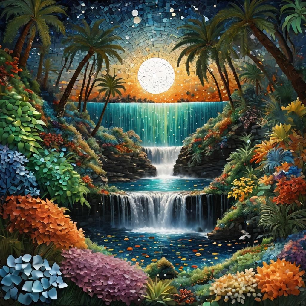 Mosaic Waterfall with Mother-of-Pearl Moon