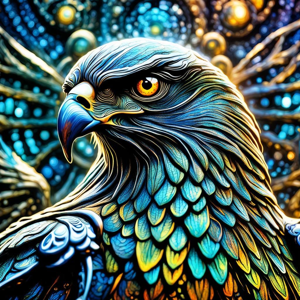 Psychedelic Hawk Portrait in Bioluminescent Colors