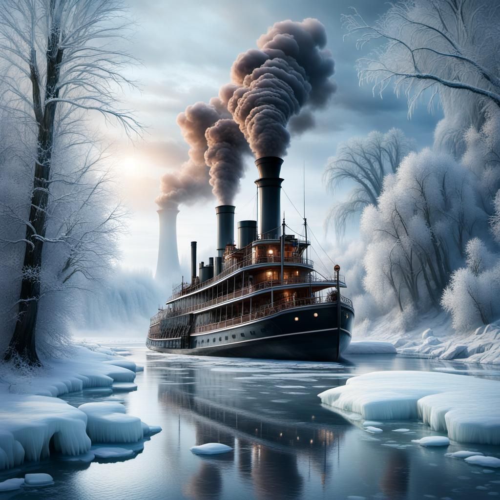 Paddle Steamer on Frozen River: Digital Matte Painting