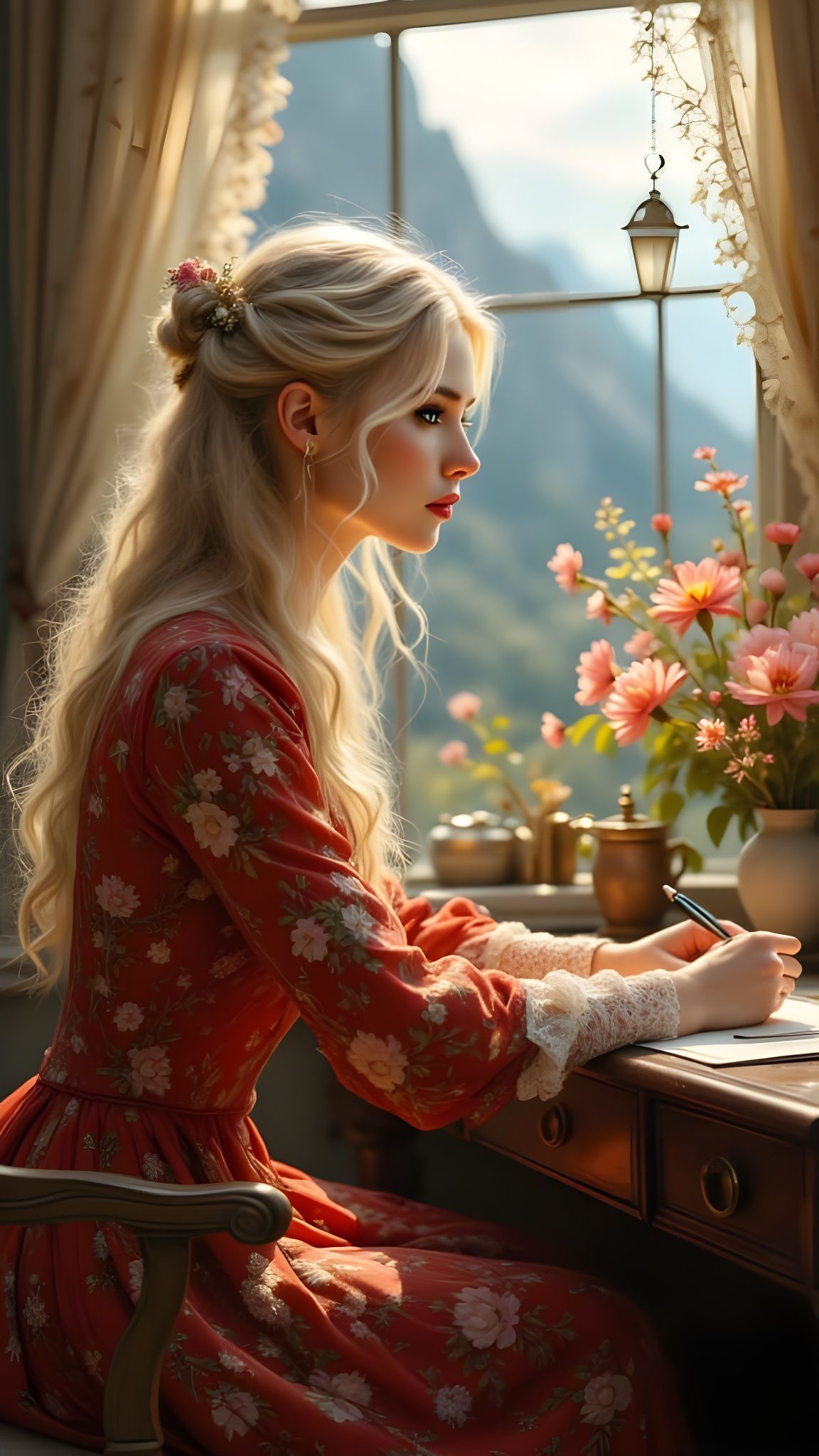 Edwardian Woman Writing by Sunlit Window, Pre-Raphaelite Sty...