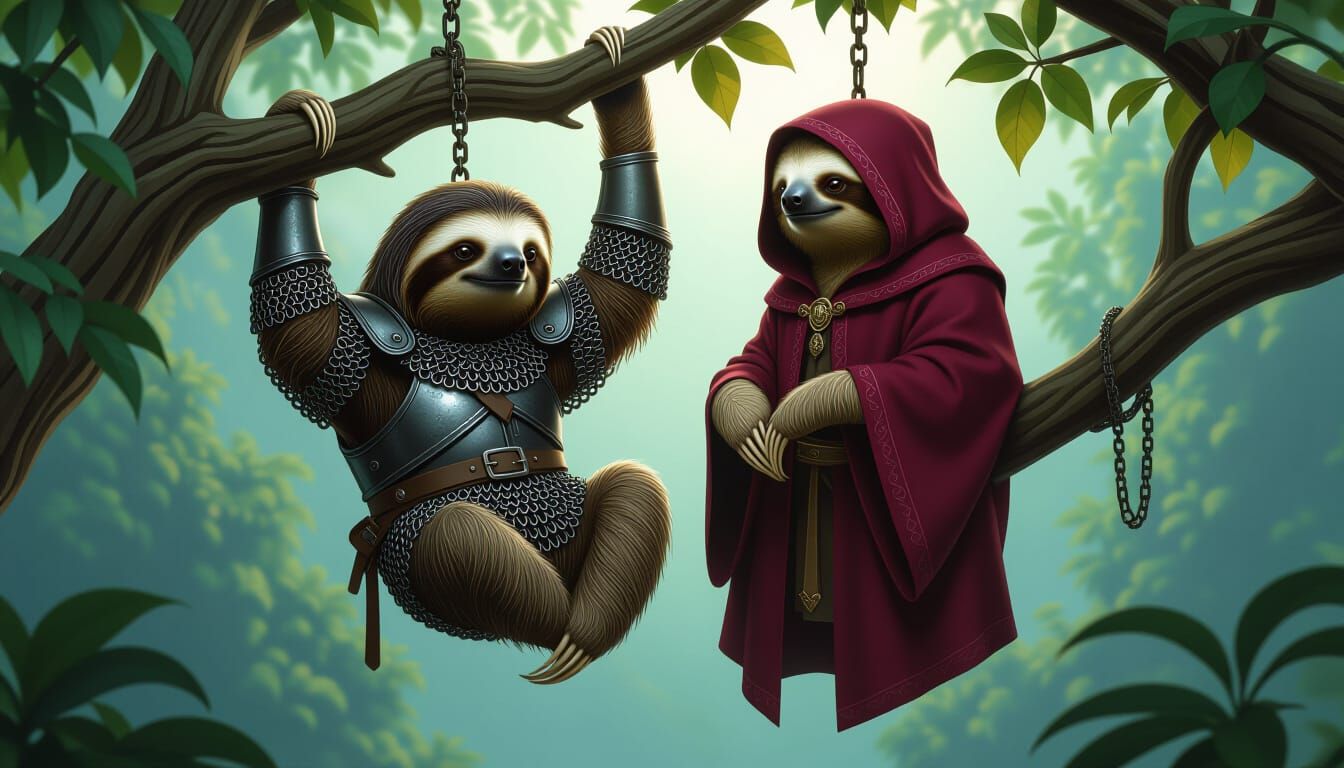 Fantasy Sloths in Chainmail and Robe Hanging from Tree