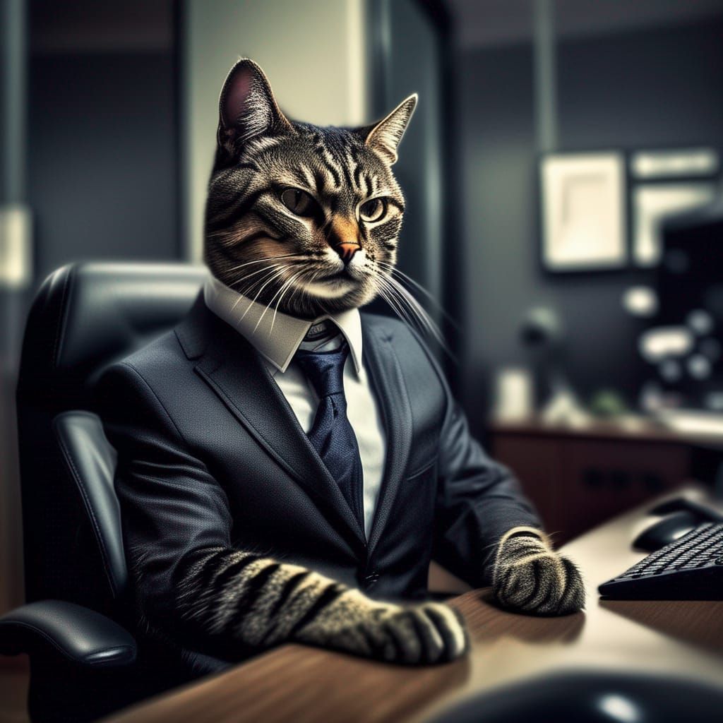 Hyperrealistic Cat Businessman at Computer in Office