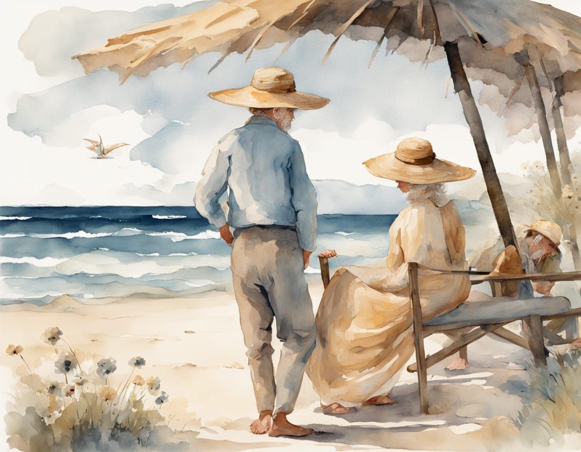 A Whimsical Beach Scene in Vintage Elegance