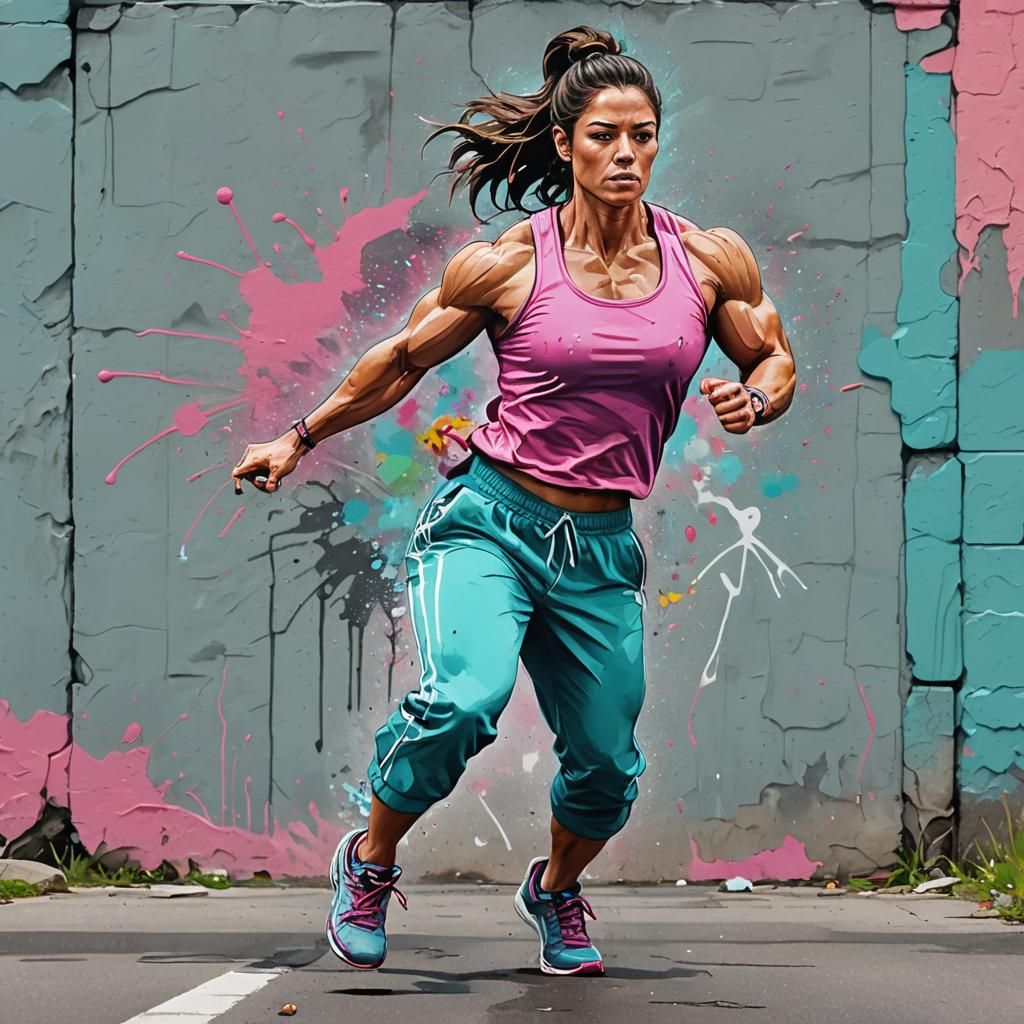 Musclebound Woman Jogging in Graffiti Street Art Style