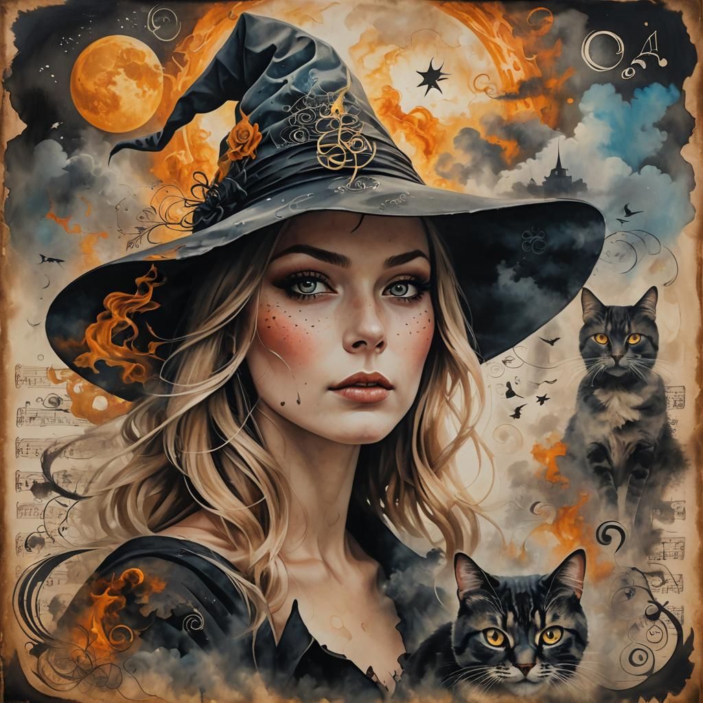Witch with Cat Tattoos in Mixed Media Style