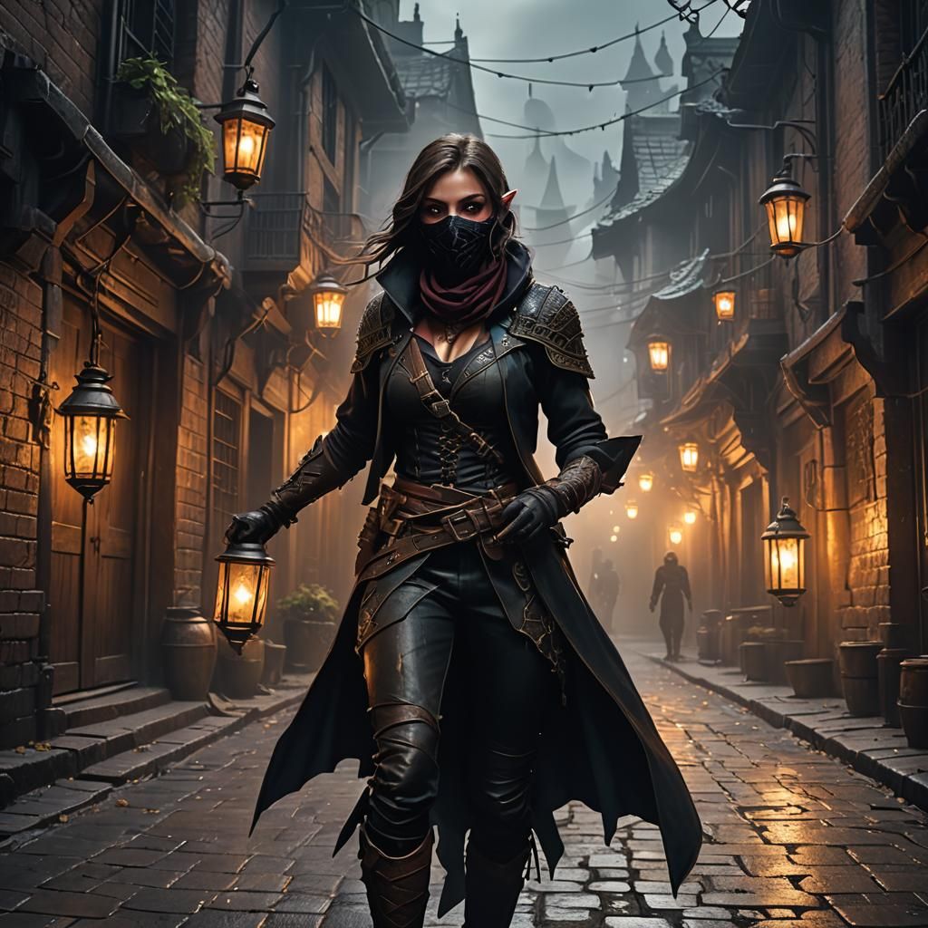 Half-Elf Rogue in Misty Alleyway: Fantasy Art
