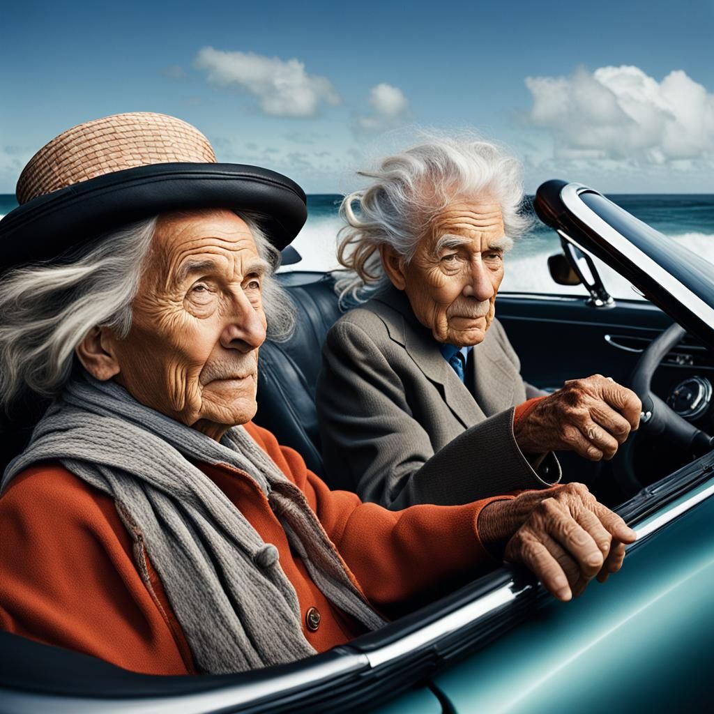an old man and an old woman in a convertible driving down an...