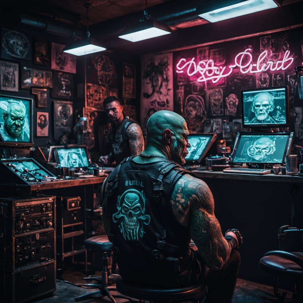 Cyberpunk Gang Confrontation in Tattoo Studio