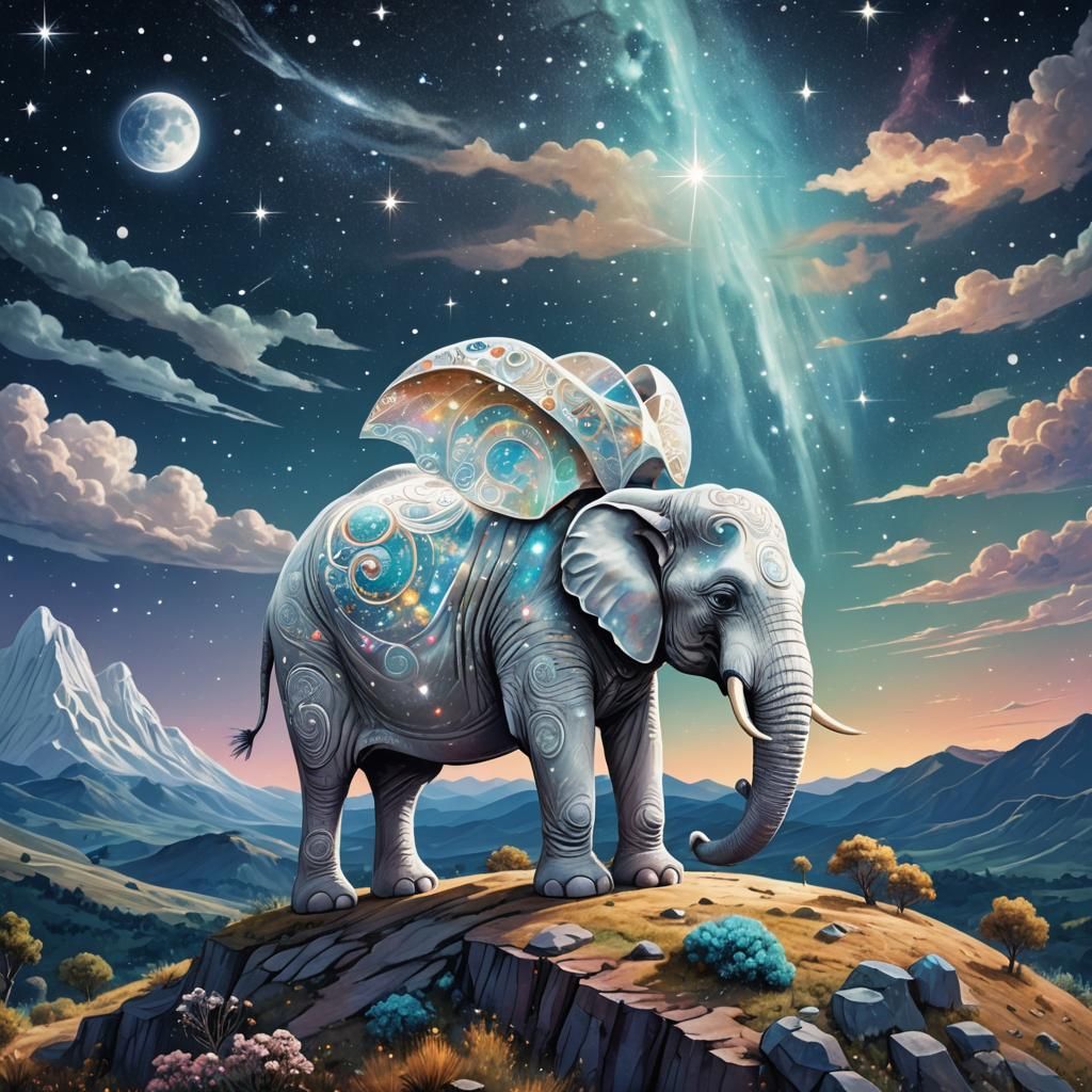 White Elephant on Hills with Starry Sky