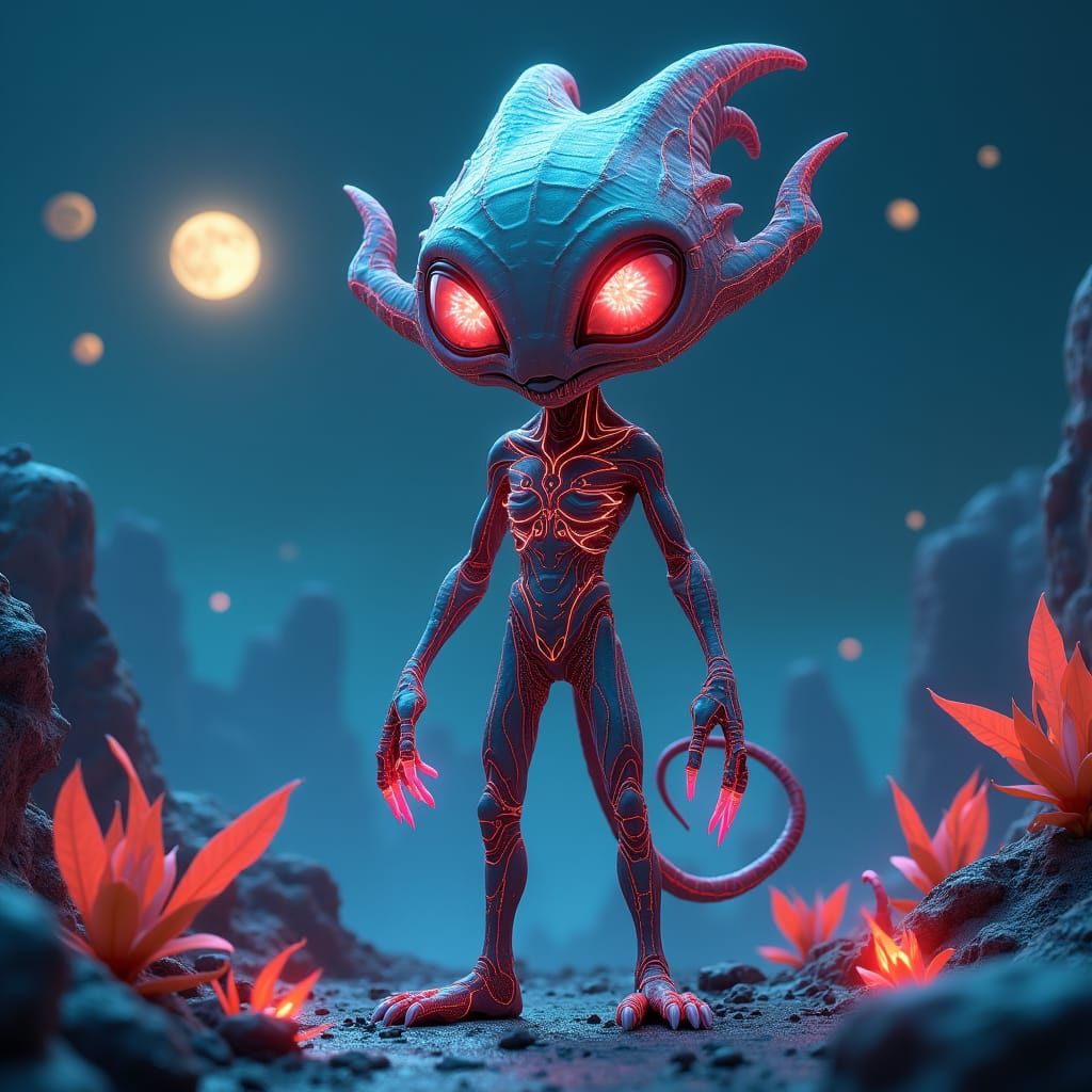 Bioluminescent Alien in Surreal Landscape: Digital Matte Pai...
