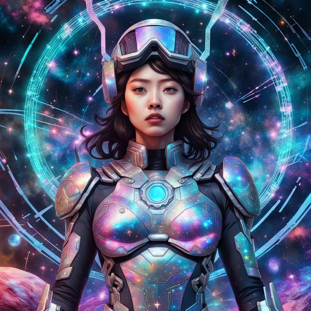 Futuristic Japanese Military Superheroine in Holographic Ill...