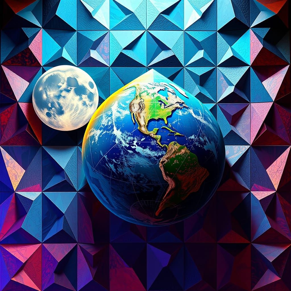 Surreal Geometric Mural with Moon and Earth Dice