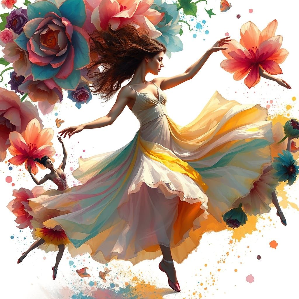 Woman Dancing in Vibrant Floral Whirlwind