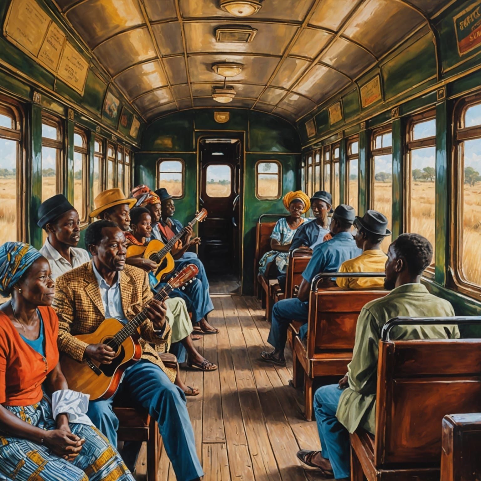 African Train Carriage Oil Painting with Musicians