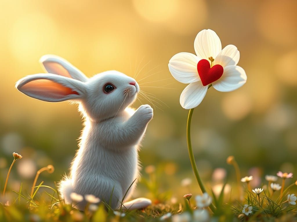 Whimsical Bunny Reaches for Heart-Shaped Flower in Dreamy Fo...