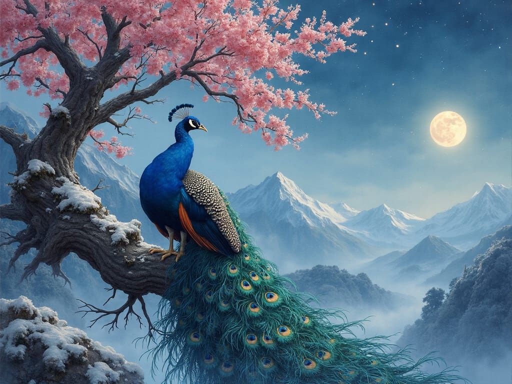Ethereal Moonlit Peacock in Blossoming Snowy Japanese Forest