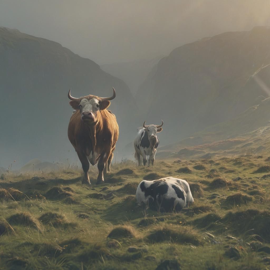 Cows Grazing in Misty Scottish Landscape: Cinematic View