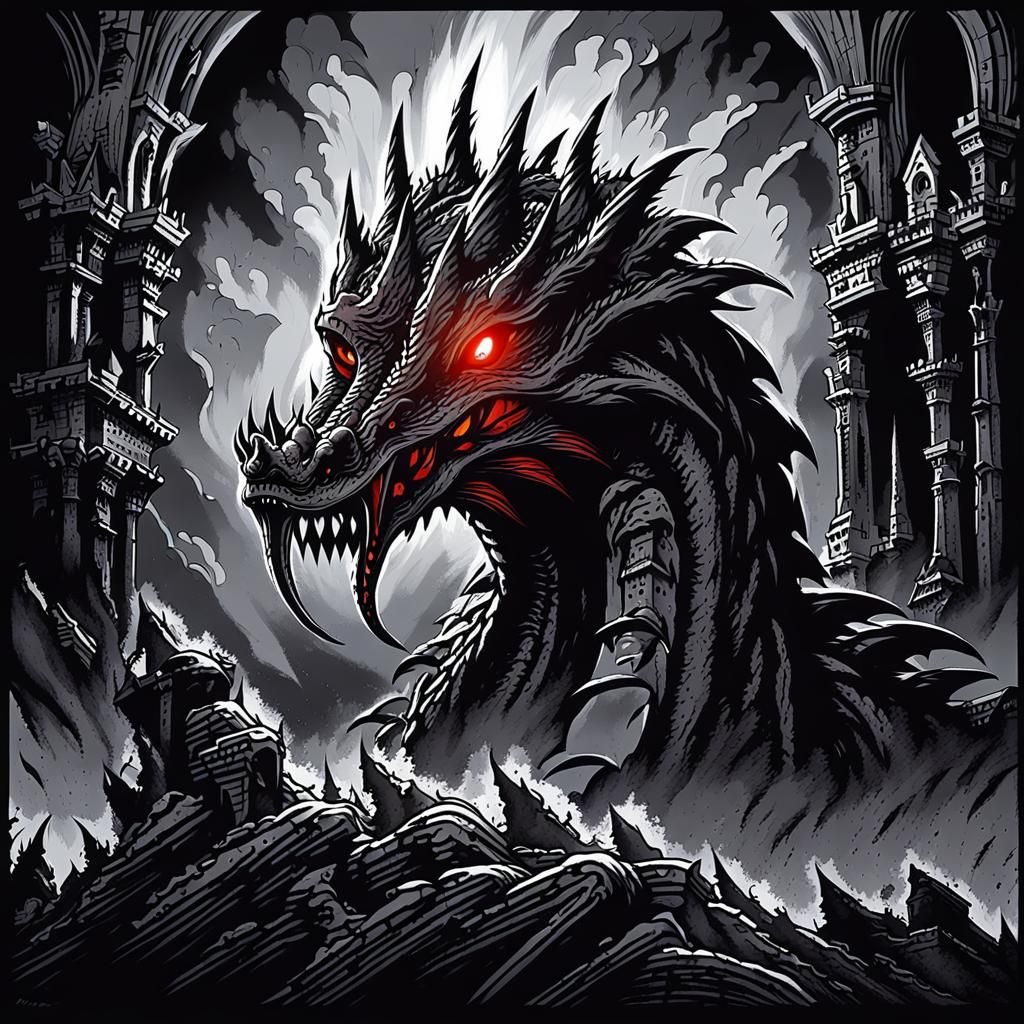 Medieval serpent dragon, style of Junji Ito, cel-shaded, man...