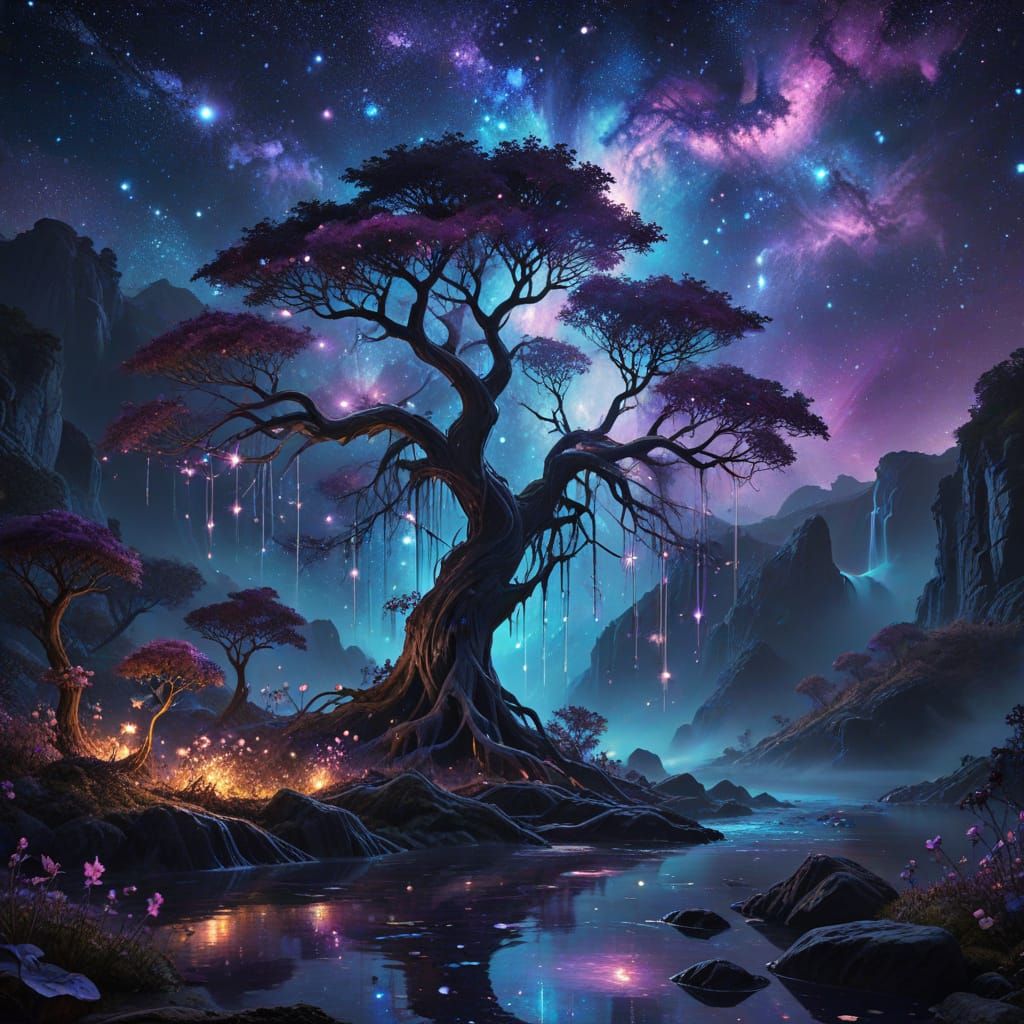 Star Waterfall Flows Into Alien Trees Under Cosmic Sky