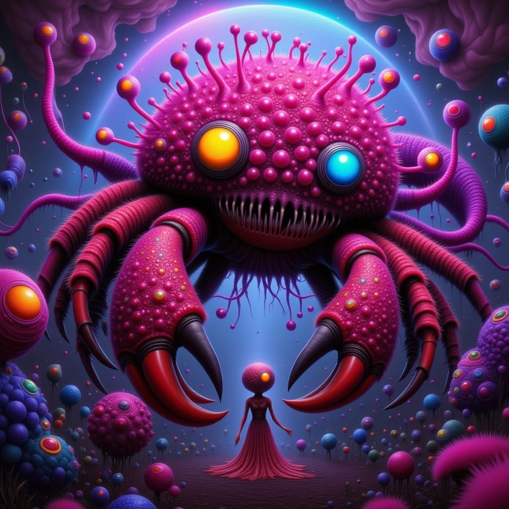Gothic Fantasy Crab in Neon Landscape