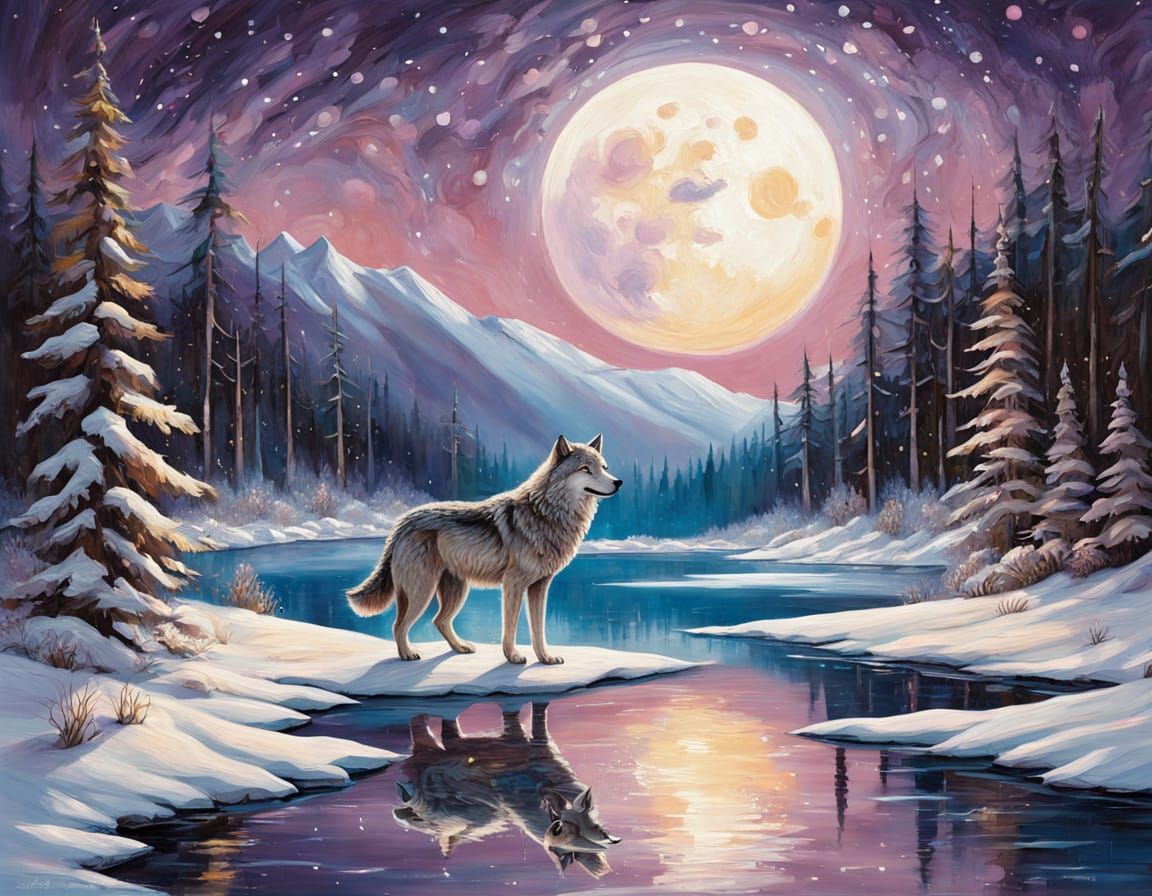 Majestic Wolf by Moonlit Lake in Dreamy Forest
