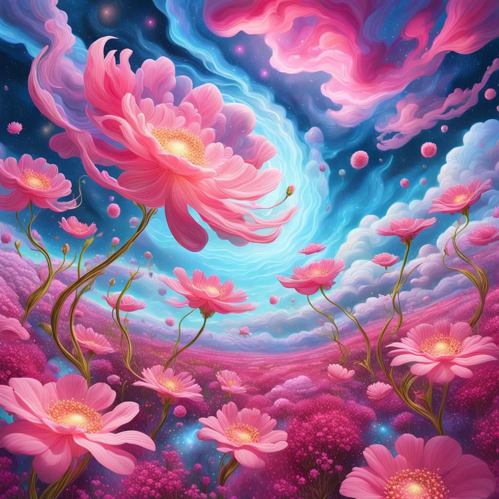 Pink Flowers Ascend in Ethereal Cosmic Landscape