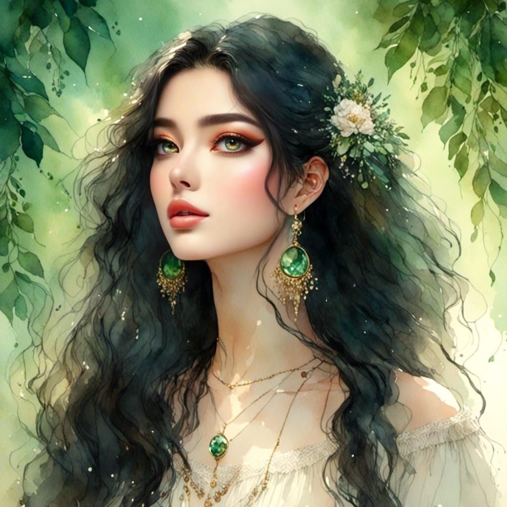 Watercolor Portrait of Woman with Green Eyes