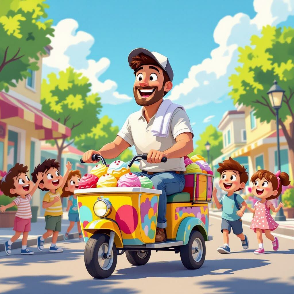 Cheerful Ice Cream Seller in Vibrant Cartoon Style