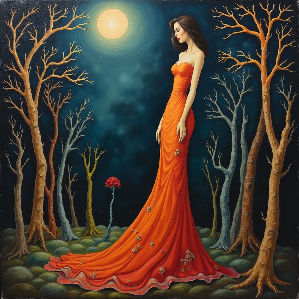 Eerie Dreamscape: Elegant Woman in Surrealist Landscape