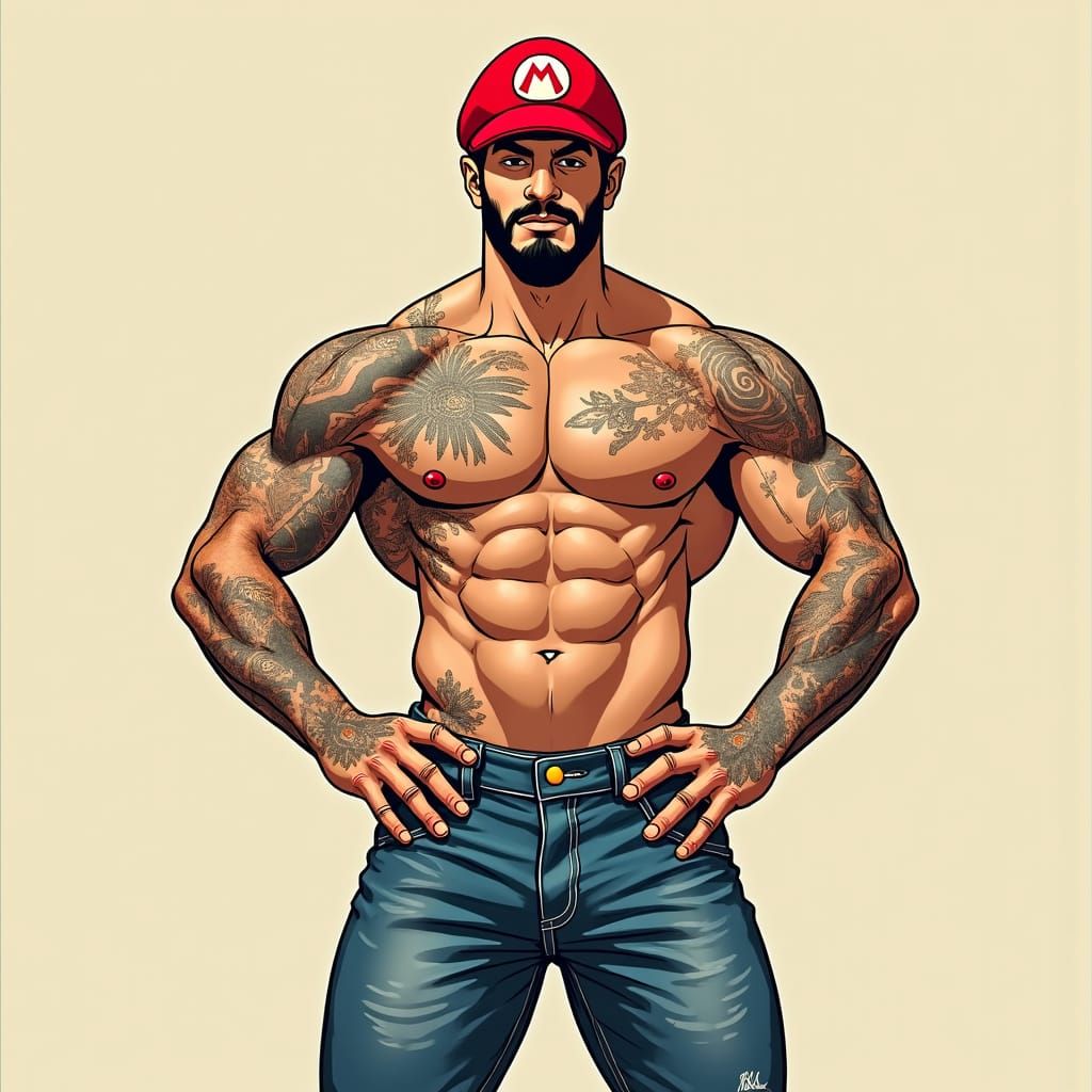 Muscular Mario-Inspired Character in Attack Pose