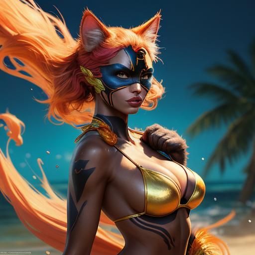 Hyperrealistic Superhero Cat Girl in Splash Art Style