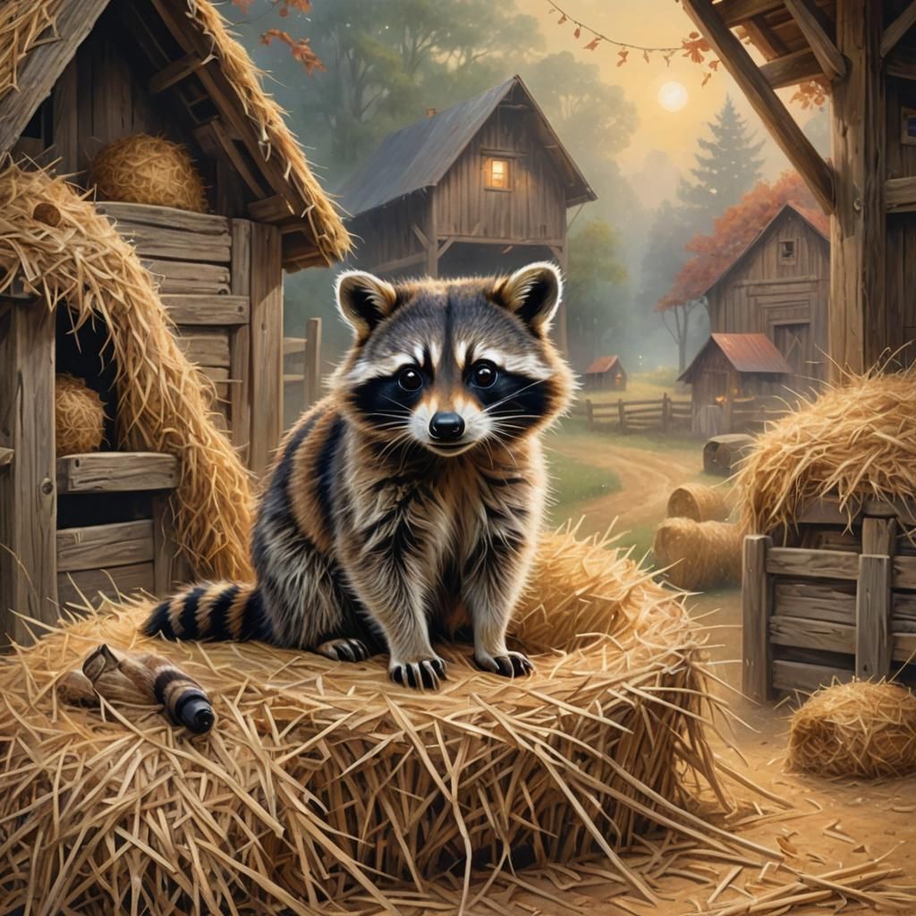 Raccoon on Haystack in Barn: Pastel Illustration