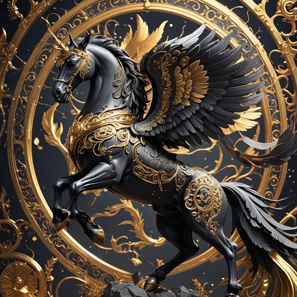 Black Pegasus with Golden Horn in 3D Anime Art
